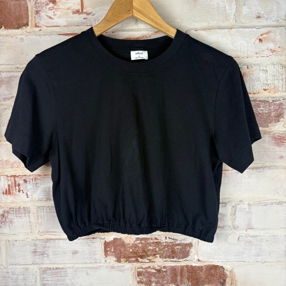 Wilfred Aritzia Black Cropped Crew Neck T-Shirt Elastic Hem Boxy Casual Tee M